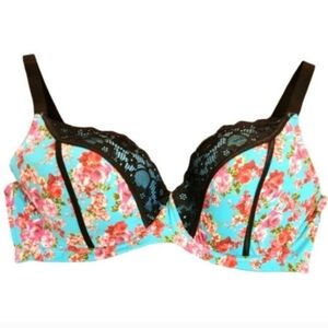 Mierside Plus Size Floral Print Lace Trim Padded Underwire Bra. 46DDD